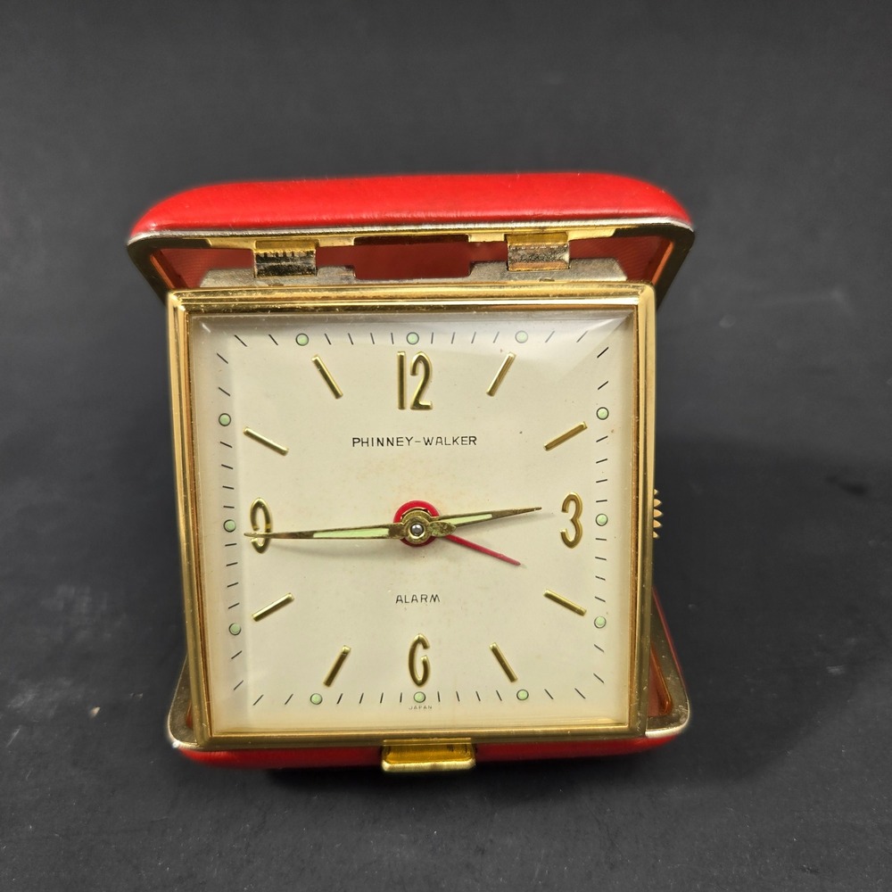 Vintage Phinney Walker Red Travel Alarm Clock Wind Up Folding Japan Mid Century